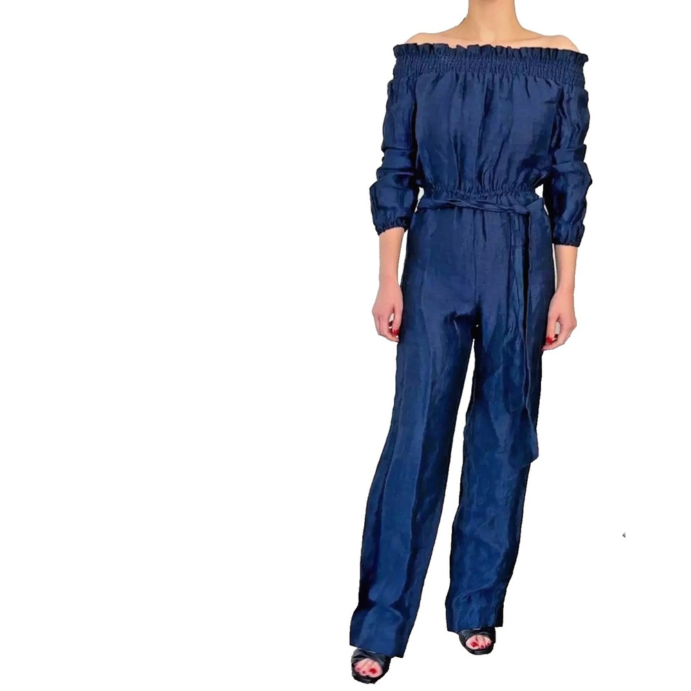 NWT Intermix Small P Linen‎ Belted Jumpsuit Blue Dark STARR Chambray LONG